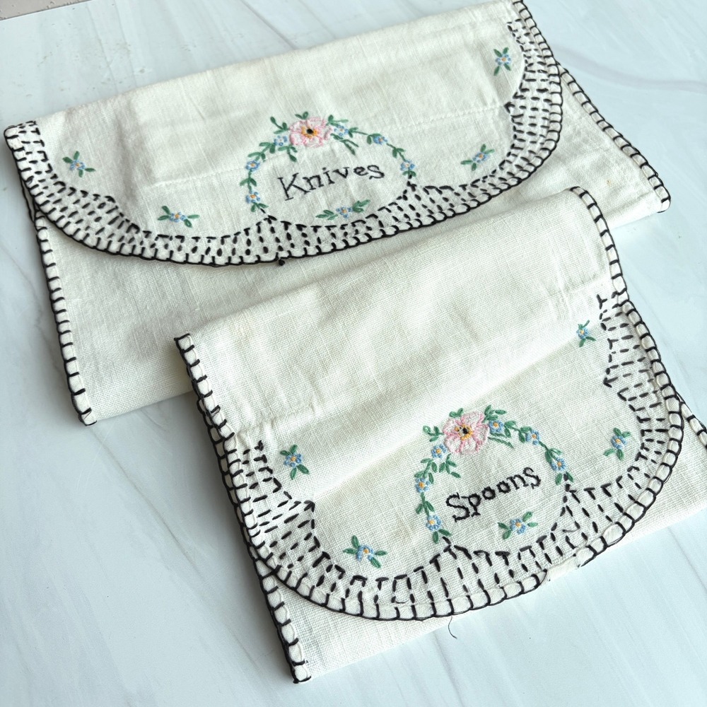 Vintage Hand Embroidered Linen Silverware Rolls Knives & Spoons Set of 2 Cream